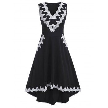 

Contrast Lace Panel High Waist Sleeveless High Low Dress, Black