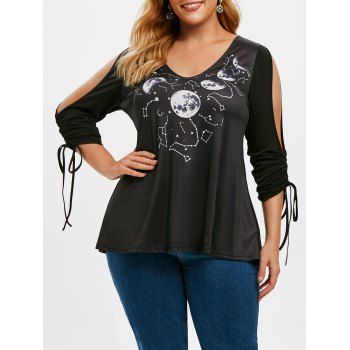 

Plus Size Open Shoulder Cinched Constellation Moon Print Tee, Black