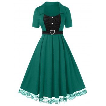 

Plus Size Velvet Lace Hem A Line Retro Dress, Deep green