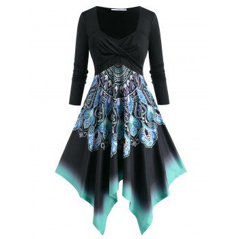 Image of Plus Size Twist Printed Handkerchief Long Sleeve Dress