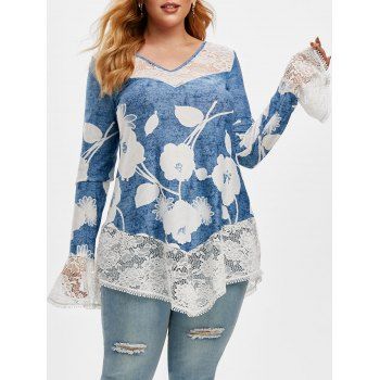 

Plus Size 3D Denim Print Lace Insert Flare Sleeve T-shirt, Blue gray