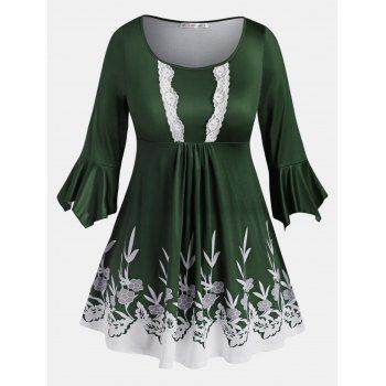 

Lace Trim Leaves Floral Flare Sleeve Plus Size Blouse, Deep green