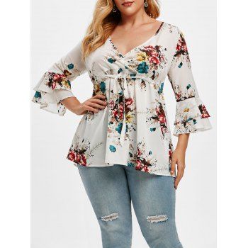 

Plus Size Drawstring Floral Print Bell Sleeve Top, White