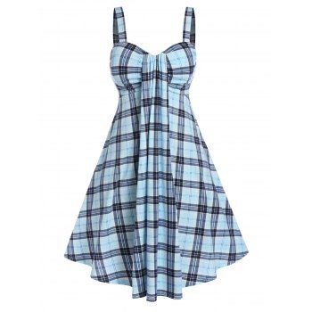 

Plus Size Plaid Print High Waist Dress, Dodger blue
