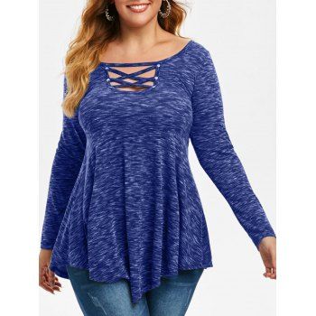 

Plus Size Rivet Crisscross Space Dye Asymmetrical T-shirt, Blueberry blue