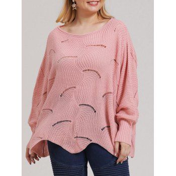 

Plus Size Open-knit Asymmetric Sweater, Light pink