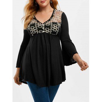 

Plus Size Bell Sleeve Flower Mesh T Shirt, Black