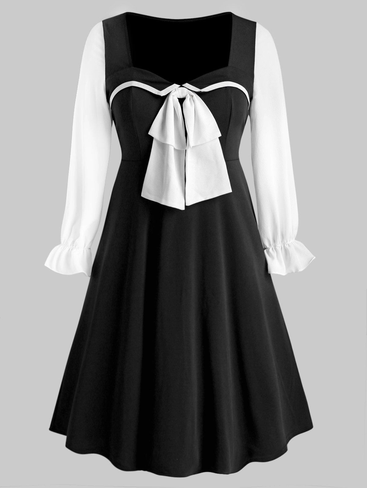 Plus Size Bowknot Colorblock Midi Dress - BLACK L