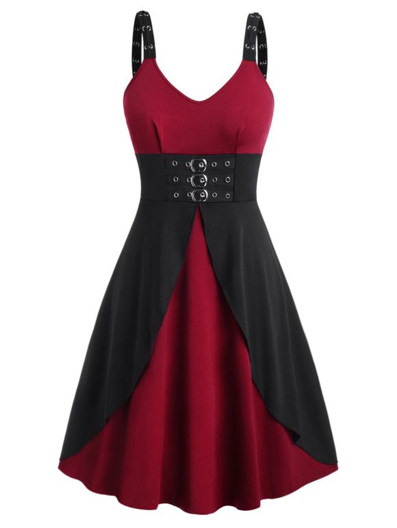 Robe Gothique Bouclée de Grande Taille à Œillet - Rouge foncé 3X