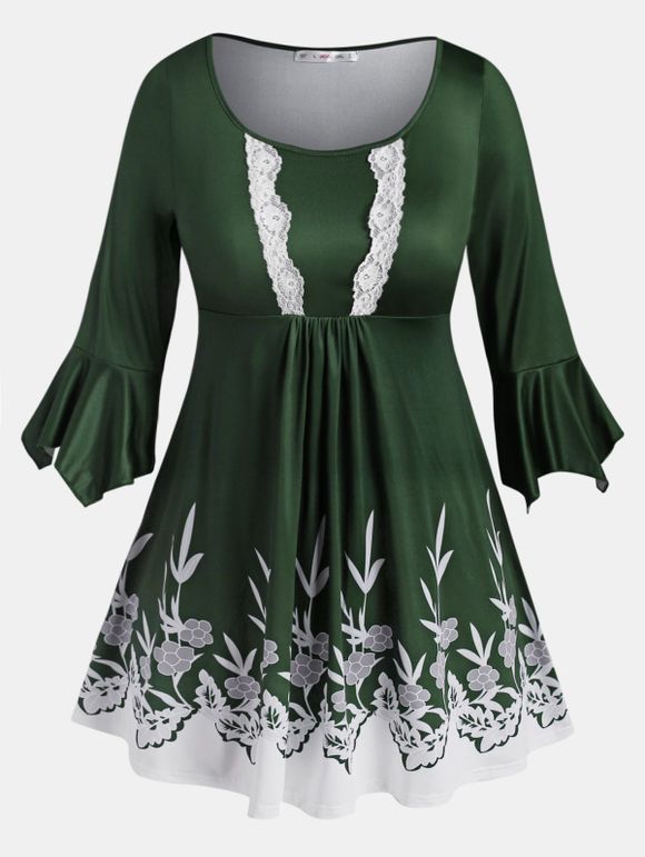 Chemisier Fleuri Feuille Manches Evasées à Ourlet en Dentelle de Grande Taille - Vert profond 3X