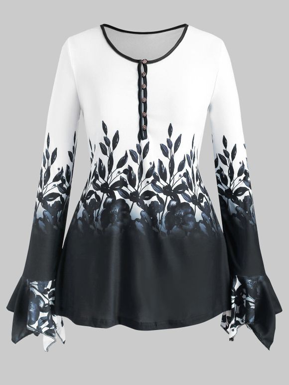 T-shirt Imprimé Fleuri à Demi-Bouton de Grande Taille à Manches de Cloche - Blanc XL