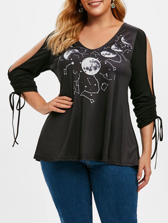 T-shirt Lune et Constellation Imprimés à Epaule Dénudée de Grande Taille avec Lacets - Noir L