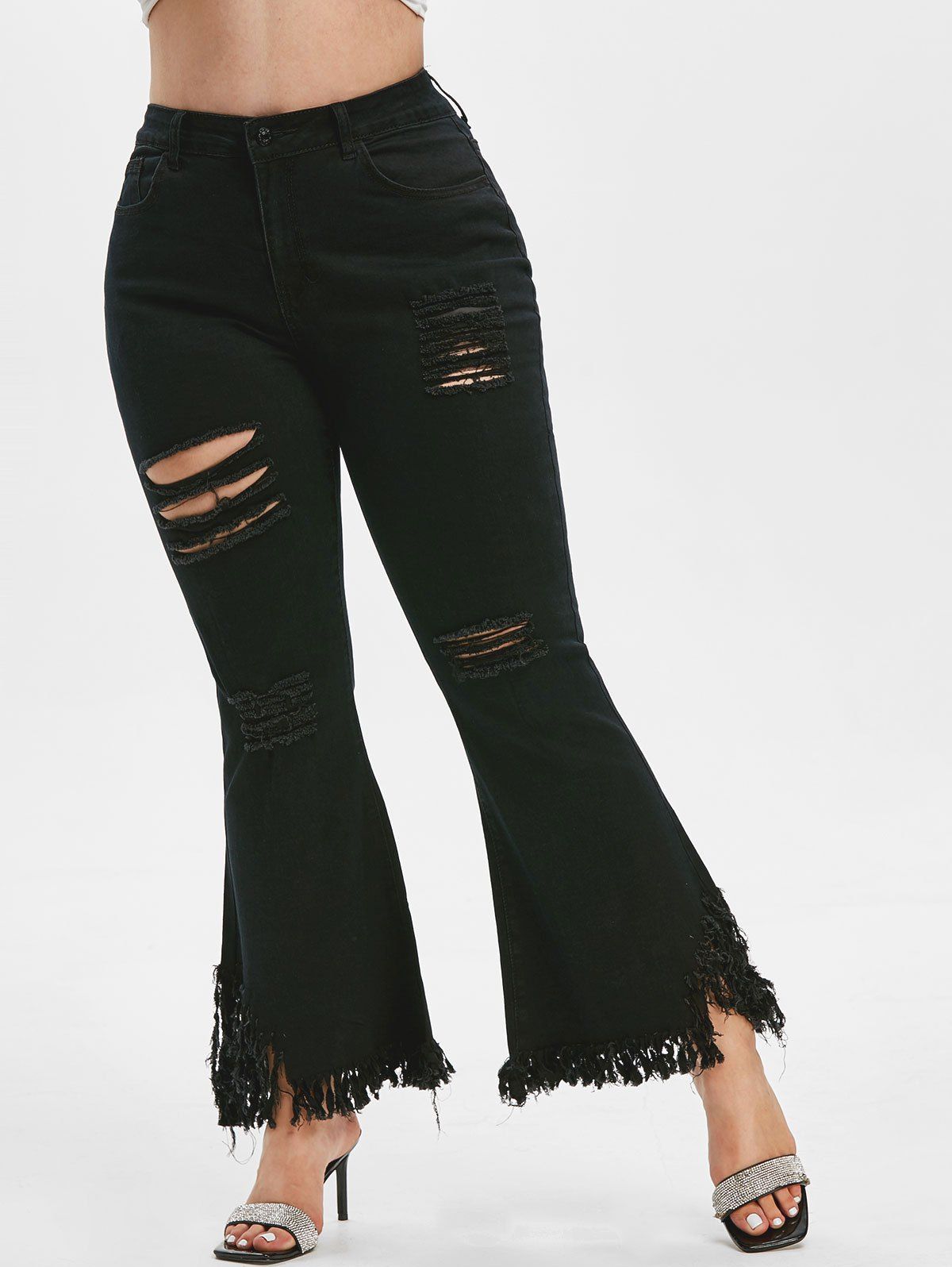 [30% OFF] 2020 Frayed Hem Ripped Plus Size Flare Jeans In BLACK | DressLily