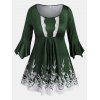 Chemisier Fleuri Feuille Manches Evasées à Ourlet en Dentelle de Grande Taille - Vert profond 3X