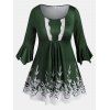 Lace Trim Leaves Floral Flare Sleeve Plus Size Blouse - DEEP GREEN L