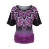T-shirt Ombré Imprimé à Manches Bouffantes de Grande Taille - Noir 5X