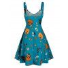 Halloween Pumpkin Print Lace Up Cami A Line Dress - GREENISH BLUE L