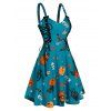 Halloween Pumpkin Print Lace Up Cami A Line Dress - GREENISH BLUE L