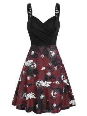 Tie Dye Skull Celestial Sun Moon Gothic A Line Mini Dress Print Ruched Surplice Buckles Cami Dress