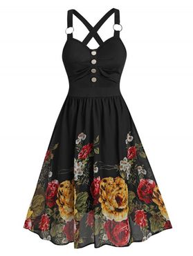 Summer Sleeveless Flower Print Sundress O-ring Mock Button Cross Dress