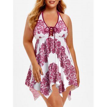 

Plus Size Lace Print Halter Handkerchief Tankini Swimwear, Deep red
