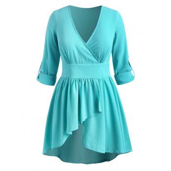 

Plus Size Roll Up Sleeve Asymmetric Peplum Blouse, Blue