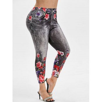 

Plus Size Flower 3D Denim Print Ninth Jeggings, Black