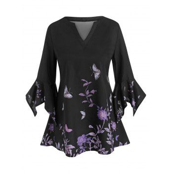 Floral Butterfly Flare Sleeve Tunic Top