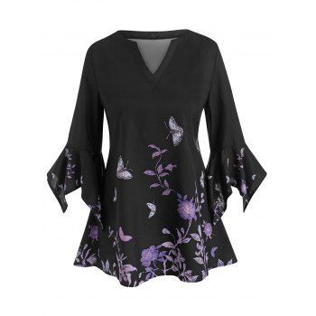 

Floral Butterfly Flare Sleeve Tunic Top, Black