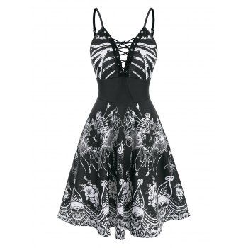 

Halloween Skeleton Floral Lace-up Cami Dress, Black