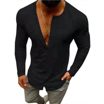 

Plain Button Up Casual T Shirt, Black