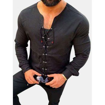 

Plain Lace Up Long Sleeve Leisure Shirt, Black