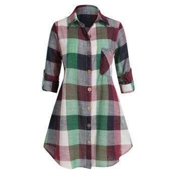 

Plus Size Plaid Button Down Pocket Blouse, Light green
