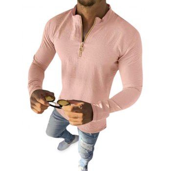 

Plain O-ring Half Zipper Stand Collar Casual T Shirt, Light pink