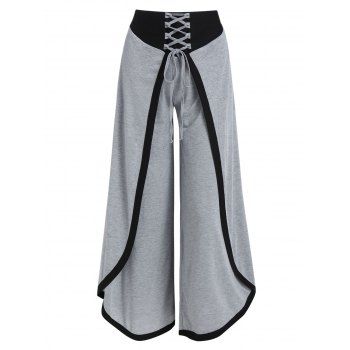 Image of Overlap Front Lace-up Contrast Wide Leg Pants