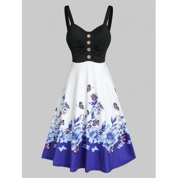 Image of Floral Butterfly Print High Waist Cami A Line Dress