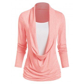 

Heathered Draped Ruched 2 In 1 Long Sleeve Casual T-shirt, Pink