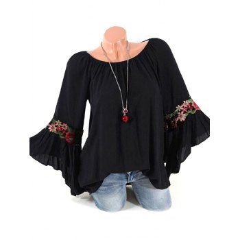 

Flower Applique Bell Sleeve Tunic Blouse, Black