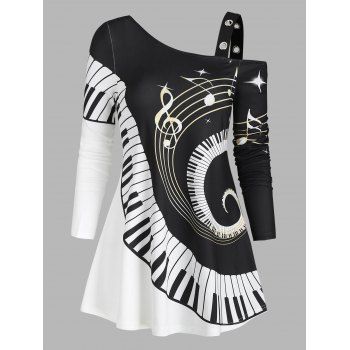 

Swirl Piano Pattern Open Shoulder Grommet Casual T Shirt, Black