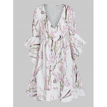 

Flower Print A Line Mini Dress Cottagecore Plunge Neck Surplice Flare Sleeve Dress, White