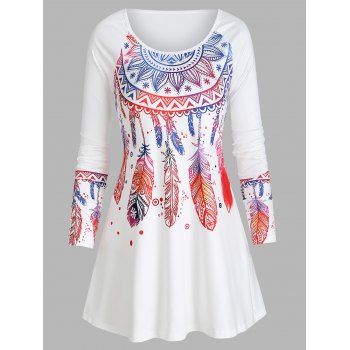 

Colorful Feather Print Ralgan Sleeve Casual T Shirt, Milk white