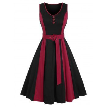 

Sleeveless Mock Button Contrast Belted Dress, Black