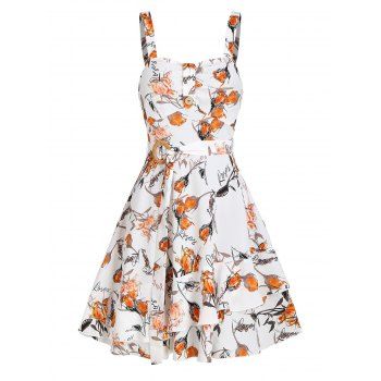 

Sleeveless Floral Print Layered Belted Dress, Milk white