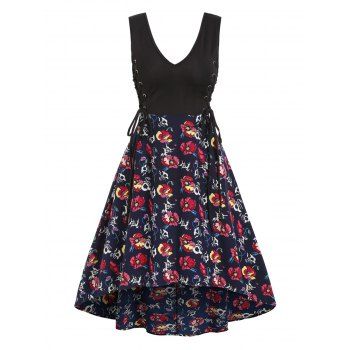 

Floral Skull Print High Waist Sleeveless Dip Hem Dress, Multicolor a