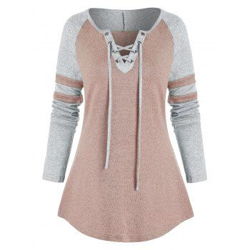 

Contrast Lace-up Raglan Sleeve T-shirt, Multicolor c