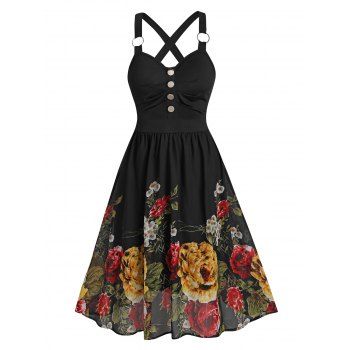 

Summer Sleeveless Flower Print Sundress O-ring Mock Button Cross Dress, Black