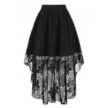 

Pure Color Dip Hem Pull On Lace Skirt, Black