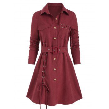 Lace Up Button Up Belted Shirt Dress