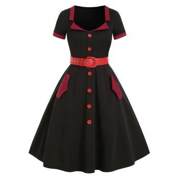 

Two Tone Button Pockets Belted Vintage A Line Dress, Night