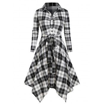 

Plaid Print Self Tie Handkerchief Shirt Dress, Multicolor a